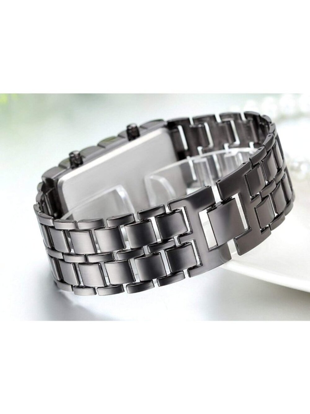 Men's Black Red Analog Quartz Lava Style Stainless Steel Bracelet Digital Watch - Picture 4 of 6